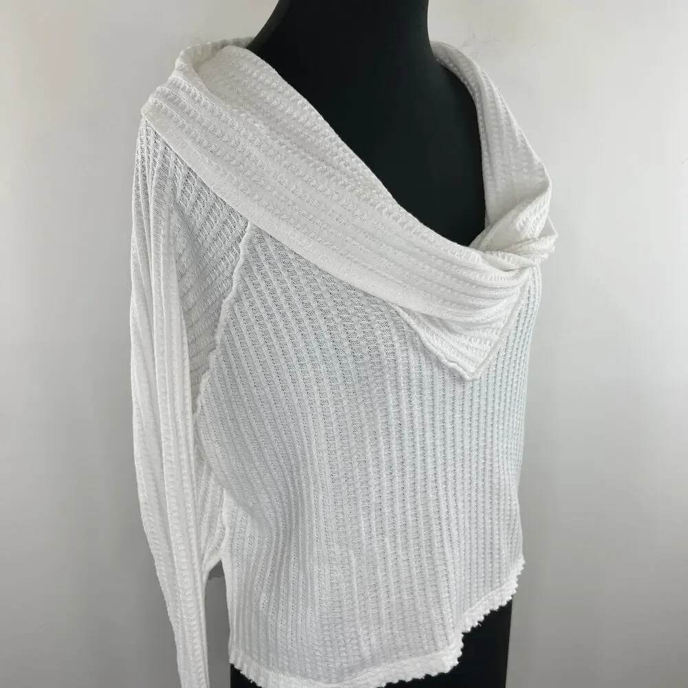 Free People We The Free White Wildfox Waffle Knit Long Sleeve Draped Neck Top XS